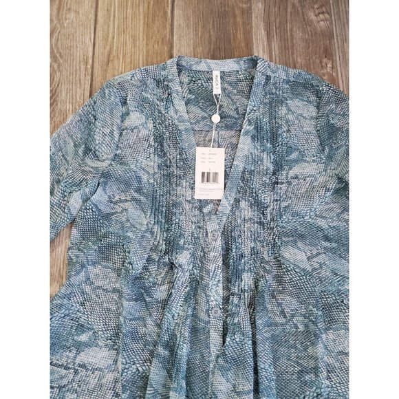 Nwt Rvca Sheer Snake Print Bluse W/ Flared Sleeves In Aqua Blue&Green Size Large - Picture 4 of 9